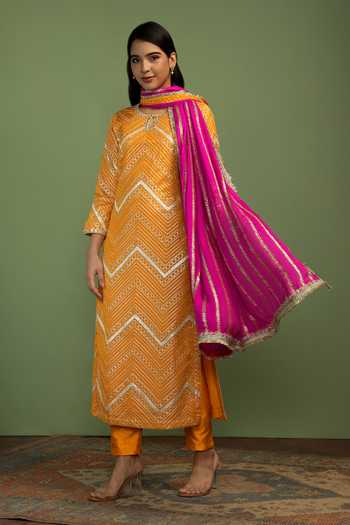 Mustard Moon By Neyha And Vrinda Mustard Georgette, Silk, Chinon Gota Patti Amal Chevron Pattern Kurta Set at Aza Fashions Mustard Moon By Neyha And Vrinda_Mustard Georgette, Silk, Chinon Gota Patti Amal Chevron Pattern Kurta Set _at_Aza_Fashions