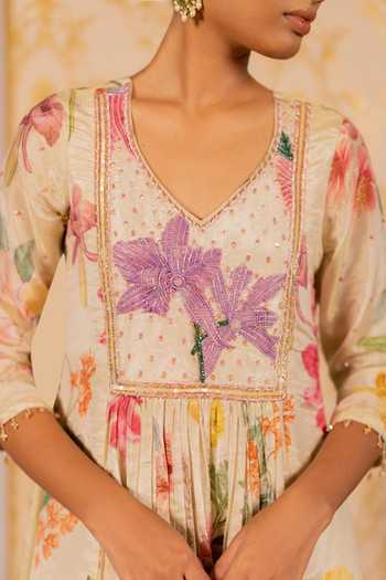 Shop_17:17 By Simmi Saboo_Multi Color Organza Embroidery V-neck Printed Shimmer Anarkali And Pant Set _Online_at_Aza_Fashions