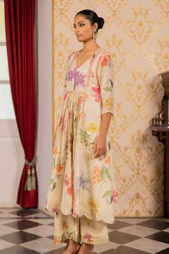 17:17 By Simmi Saboo_Multi Color Organza Embroidery V-neck Printed Shimmer Anarkali And Pant Set _at_Aza_Fashions