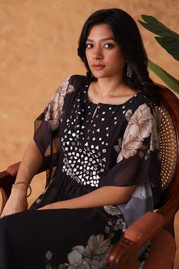 Buy Pouli Pret Black Silk, Georgette, Muslin Mirrors, Floral Pattern Kaftan And Pant Set Online at Aza Fashions Buy_Pouli Pret_Black Silk, Georgette, Muslin Mirrors, Floral Pattern Kaftan And Pant Set _Online_at_Aza_Fashions