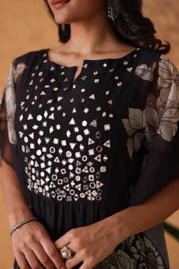 Shop Pouli Pret Black Silk, Georgette, Muslin Mirrors, Floral Pattern Kaftan And Pant Set Online at Aza Fashions Shop_Pouli Pret_Black Silk, Georgette, Muslin Mirrors, Floral Pattern Kaftan And Pant Set _Online_at_Aza_Fashions