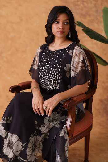 Pouli Pret Black Silk, Georgette, Muslin Mirrors, Floral Pattern Kaftan And Pant Set at Aza Fashions Pouli Pret_Black Silk, Georgette, Muslin Mirrors, Floral Pattern Kaftan And Pant Set _at_Aza_Fashions