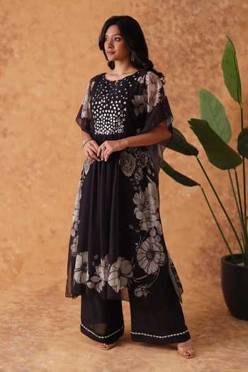 Buy Pouli Pret Black Silk, Georgette, Muslin Mirrors, Floral Pattern Kaftan And Pant Set Buy_Pouli Pret_Black Silk, Georgette, Muslin Mirrors, Floral Pattern Kaftan And Pant Set