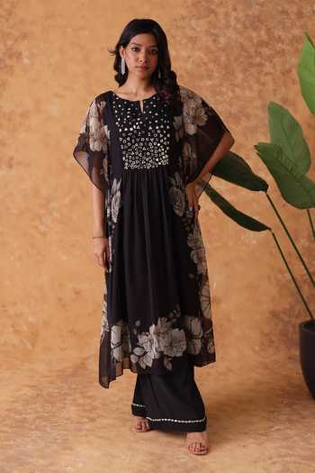 Shop Pouli Pret Black Silk, Georgette, Muslin Mirrors, Floral Pattern Kaftan And Pant Set Shop_Pouli Pret_Black Silk, Georgette, Muslin Mirrors, Floral Pattern Kaftan And Pant Set