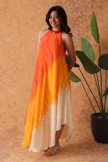 Buy_Pouli Pret_Multi Color Crepe Piping Halter Neck Sunset Ombre Dress _Online_at_Aza_Fashions