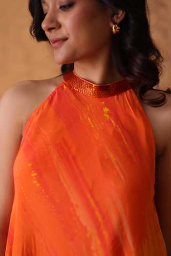 Shop_Pouli Pret_Multi Color Crepe Piping Halter Neck Sunset Ombre Dress _Online_at_Aza_Fashions