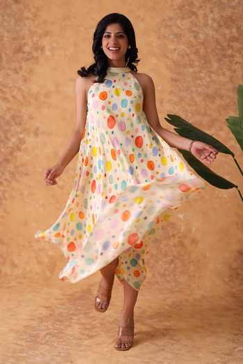 Buy Pouli Pret Multi Color Crepe Halter Neck Rainbow Polka Ombre Dress Online at Aza Fashions Buy_Pouli Pret_Multi Color Crepe Halter Neck Rainbow Polka Ombre Dress _Online_at_Aza_Fashions