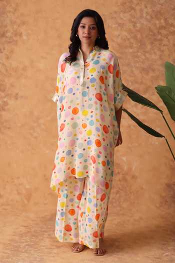 Shop_Pouli Pret_Multi Color Crepe Sequins Mandarin Collar Polka Dot Print Kurta And Pant Set _Online_at_Aza_Fashions