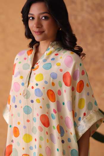 Buy_Pouli Pret_Multi Color Crepe Sequins Mandarin Collar Polka Dot Print Kurta And Pant Set 
