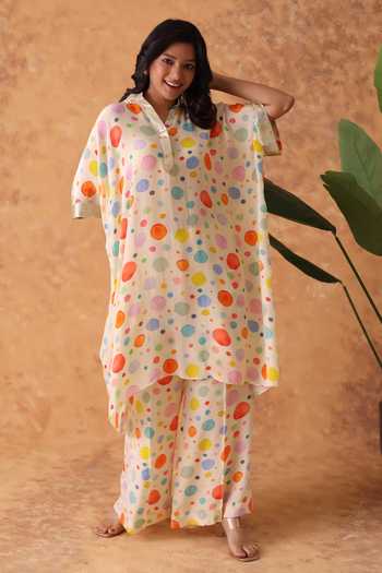 Shop_Pouli Pret_Multi Color Crepe Sequins Mandarin Collar Polka Dot Print Kurta And Pant Set 