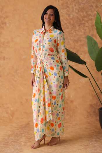 Pouli Pret Multi Color Crepe Collared Polka Dot Print Shirt And Skirt Set Online at Aza Fashions Pouli Pret_Multi Color Crepe Collared Polka Dot Print Shirt And Skirt Set _Online_at_Aza_Fashions