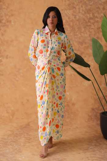 Pouli Pret Multi Color Crepe Collared Polka Dot Print Shirt And Skirt Set at Aza Fashions Pouli Pret_Multi Color Crepe Collared Polka Dot Print Shirt And Skirt Set _at_Aza_Fashions