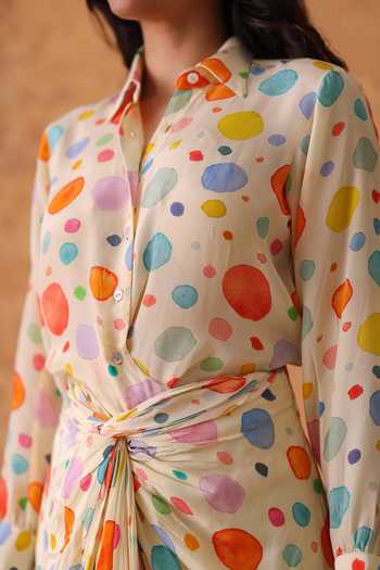 Shop Pouli Pret Multi Color Crepe Collared Polka Dot Print Shirt And Skirt Set Shop_Pouli Pret_Multi Color Crepe Collared Polka Dot Print Shirt And Skirt Set