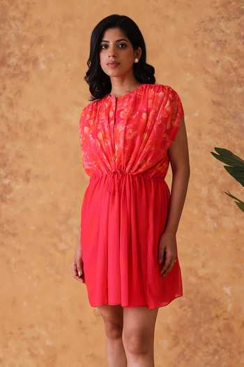 Pouli Pret_Pink Georgette Round Neck Printed Short Dress _Online_at_Aza_Fashions