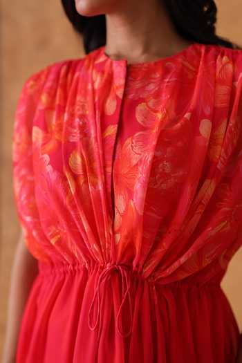 Buy_Pouli Pret_Pink Georgette Round Neck Printed Short Dress _Online_at_Aza_Fashions
