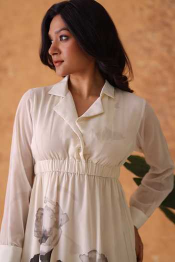 Pouli Pret_Ivory Georgette Digital Print Collared Poppy Dress _Online_at_Aza_Fashions