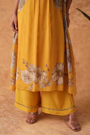 Pouli Pret_Yellow Silk, Georgette, Muslin Embroidery, Mirrors Split Kaftan And Pant Set _Online_at_Aza_Fashions