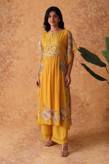 Pouli Pret_Yellow Silk, Georgette, Muslin Embroidery, Mirrors Split Kaftan And Pant Set _at_Aza_Fashions