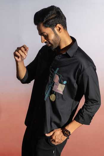 Heartistry by Anky_Black Pure Cotton Embroidery Hand Shirt _Online_at_Aza_Fashions