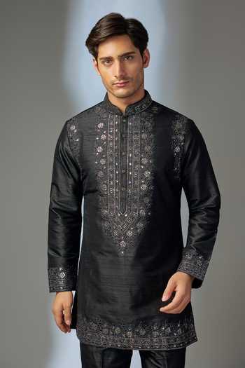 Buy_SALIL BHATIA_Black Silk Embroidery, Zari Raw Kurta Set _Online_at_Aza_Fashions