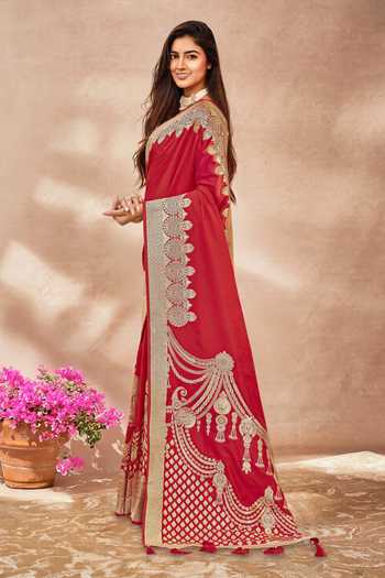 Khwaab By Sanjana Lakhani_Red Georgette, Silk Embroidery, Sequins Floral Paisley Woven Banarasi Saree _Online_at_Aza_Fashions