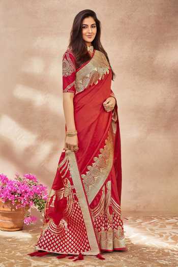 Buy_Khwaab By Sanjana Lakhani_Red Georgette, Silk Embroidery, Sequins Floral Paisley Woven Banarasi Saree _Online_at_Aza_Fashions