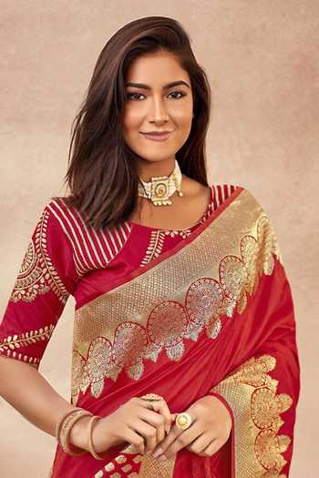 Shop_Khwaab By Sanjana Lakhani_Red Georgette, Silk Embroidery, Sequins Floral Paisley Woven Banarasi Saree _Online_at_Aza_Fashions