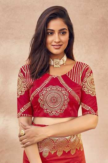 Khwaab By Sanjana Lakhani_Red Georgette, Silk Embroidery, Sequins Floral Paisley Woven Banarasi Saree _at_Aza_Fashions