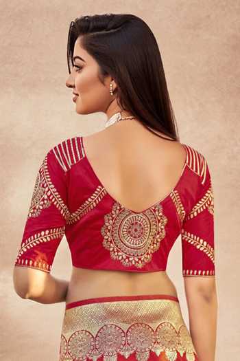 Buy_Khwaab By Sanjana Lakhani_Red Georgette, Silk Embroidery, Sequins Floral Paisley Woven Banarasi Saree 