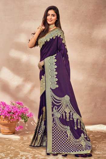 Khwaab By Sanjana Lakhani Purple Georgette, Silk Embroidery, Zari, Floral Paisley Woven Saree And Blouse Online at Aza Fashions Khwaab By Sanjana Lakhani_Purple Georgette, Silk Embroidery, Zari, Floral Paisley Woven Saree And Blouse _Online_at_Aza_Fashions
