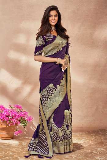 Buy Khwaab By Sanjana Lakhani Purple Georgette, Silk Embroidery, Zari, Floral Paisley Woven Saree And Blouse Online at Aza Fashions Buy_Khwaab By Sanjana Lakhani_Purple Georgette, Silk Embroidery, Zari, Floral Paisley Woven Saree And Blouse _Online_at_Aza_Fashions