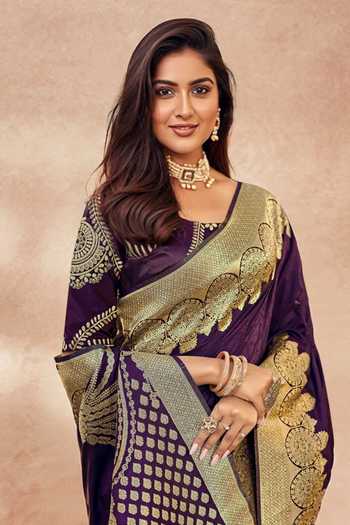 Shop Khwaab By Sanjana Lakhani Purple Georgette, Silk Embroidery, Zari, Floral Paisley Woven Saree And Blouse Online at Aza Fashions Shop_Khwaab By Sanjana Lakhani_Purple Georgette, Silk Embroidery, Zari, Floral Paisley Woven Saree And Blouse _Online_at_Aza_Fashions