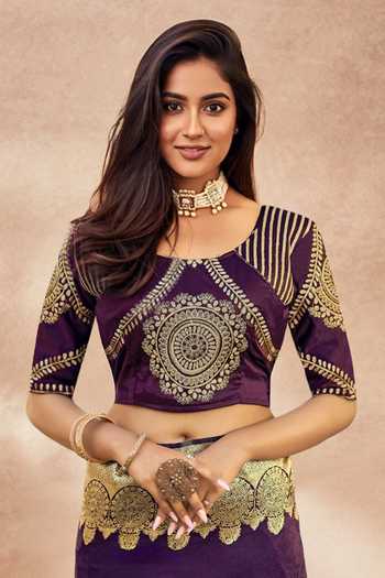 Khwaab By Sanjana Lakhani Purple Georgette, Silk Embroidery, Zari, Floral Paisley Woven Saree And Blouse at Aza Fashions Khwaab By Sanjana Lakhani_Purple Georgette, Silk Embroidery, Zari, Floral Paisley Woven Saree And Blouse _at_Aza_Fashions