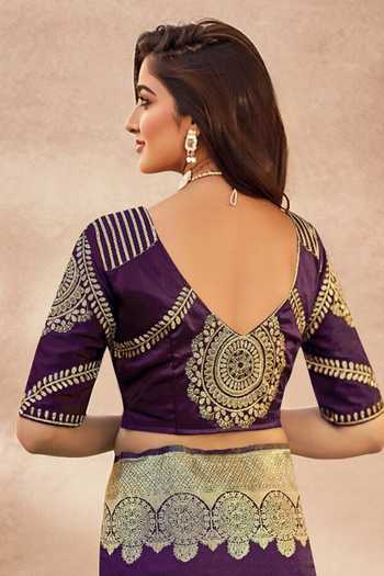 Buy Khwaab By Sanjana Lakhani Purple Georgette, Silk Embroidery, Zari, Floral Paisley Woven Saree And Blouse Buy_Khwaab By Sanjana Lakhani_Purple Georgette, Silk Embroidery, Zari, Floral Paisley Woven Saree And Blouse