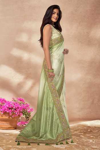 Khwaab By Sanjana Lakhani_Green , Satin Zari, Sequins, Geometric Woven Saree With Blouse _Online_at_Aza_Fashions