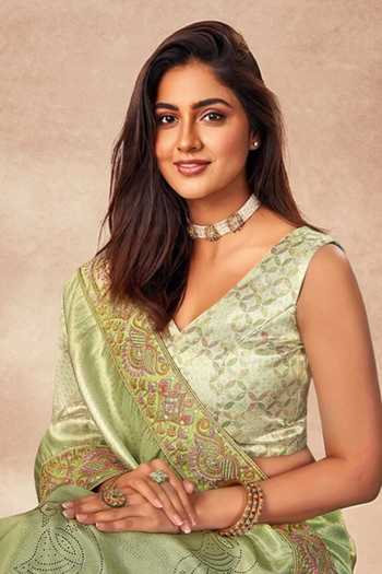 Buy_Khwaab By Sanjana Lakhani_Green , Satin Zari, Sequins, Geometric Woven Saree With Blouse _Online_at_Aza_Fashions