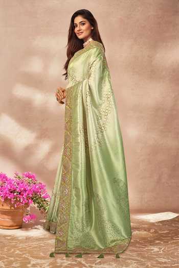 Shop_Khwaab By Sanjana Lakhani_Green , Satin Zari, Sequins, Geometric Woven Saree With Blouse _Online_at_Aza_Fashions