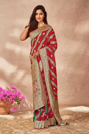 Khwaab By Sanjana Lakhani_Red Georgette, Silk Embroidery, Sequins Round Floral Woven Saree With Blouse _Online_at_Aza_Fashions