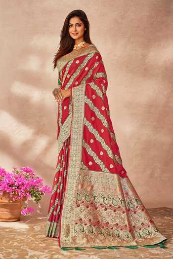 Buy_Khwaab By Sanjana Lakhani_Red Georgette, Silk Embroidery, Sequins Round Floral Woven Saree With Blouse _Online_at_Aza_Fashions