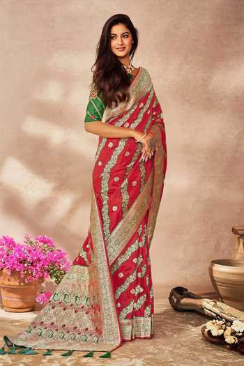 Shop_Khwaab By Sanjana Lakhani_Red Georgette, Silk Embroidery, Sequins Round Floral Woven Saree With Blouse _Online_at_Aza_Fashions