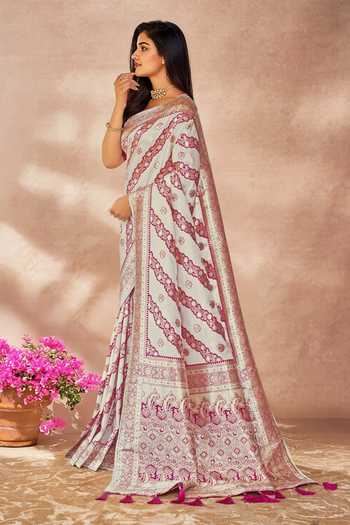 Buy_Khwaab By Sanjana Lakhani_White Georgette, Silk Embroidery, Sequins Floral Geometric Woven Saree And Blouse _Online_at_Aza_Fashions