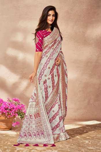 Shop_Khwaab By Sanjana Lakhani_White Georgette, Silk Embroidery, Sequins Floral Geometric Woven Saree And Blouse _Online_at_Aza_Fashions