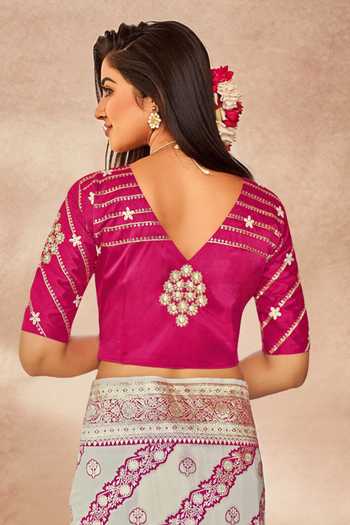 Buy_Khwaab By Sanjana Lakhani_White Georgette, Silk Embroidery, Sequins Floral Geometric Woven Saree And Blouse 