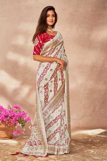 Buy_Khwaab By Sanjana Lakhani_White Georgette, Silk Embroidery, Sequins Round Floral Geometric Woven Saree Set _Online_at_Aza_Fashions
