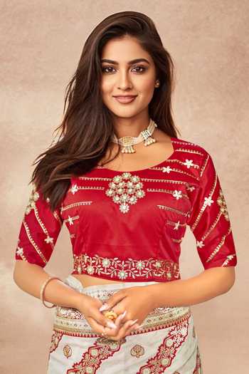 Shop_Khwaab By Sanjana Lakhani_White Georgette, Silk Embroidery, Sequins Round Floral Geometric Woven Saree Set _Online_at_Aza_Fashions