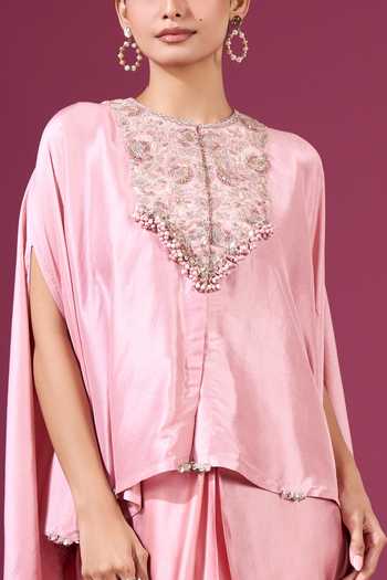 Shop Prisho Pink Beads, Pearls Round Neck Embroidered Yoke Kaftan And Skirt Set Online at Aza Fashions Shop_Prisho_Pink Beads, Pearls Round Neck Embroidered Yoke Kaftan And Skirt Set _Online_at_Aza_Fashions