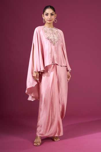 Buy Prisho Pink Beads, Pearls Round Neck Embroidered Yoke Kaftan And Skirt Set at Aza Fashions Buy_Prisho_Pink Beads, Pearls Round Neck Embroidered Yoke Kaftan And Skirt Set _at_Aza_Fashions