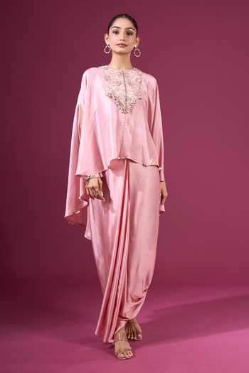 Prisho Pink Beads, Pearls Round Neck Embroidered Yoke Kaftan And Skirt Set at Aza Fashions Prisho_Pink Beads, Pearls Round Neck Embroidered Yoke Kaftan And Skirt Set _at_Aza_Fashions