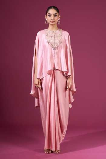 Buy Prisho Pink Beads, Pearls Round Neck Embroidered Yoke Kaftan And Skirt Set Buy_Prisho_Pink Beads, Pearls Round Neck Embroidered Yoke Kaftan And Skirt Set