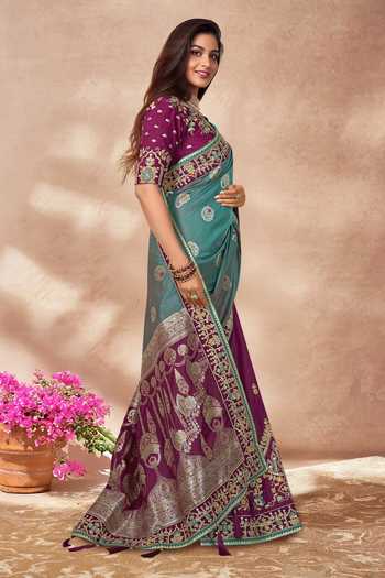 Khwaab By Sanjana Lakhani_Purple Silk, Georgette Embroidery, Zari Boat Floral Chandelier Woven Saree Set _Online_at_Aza_Fashions